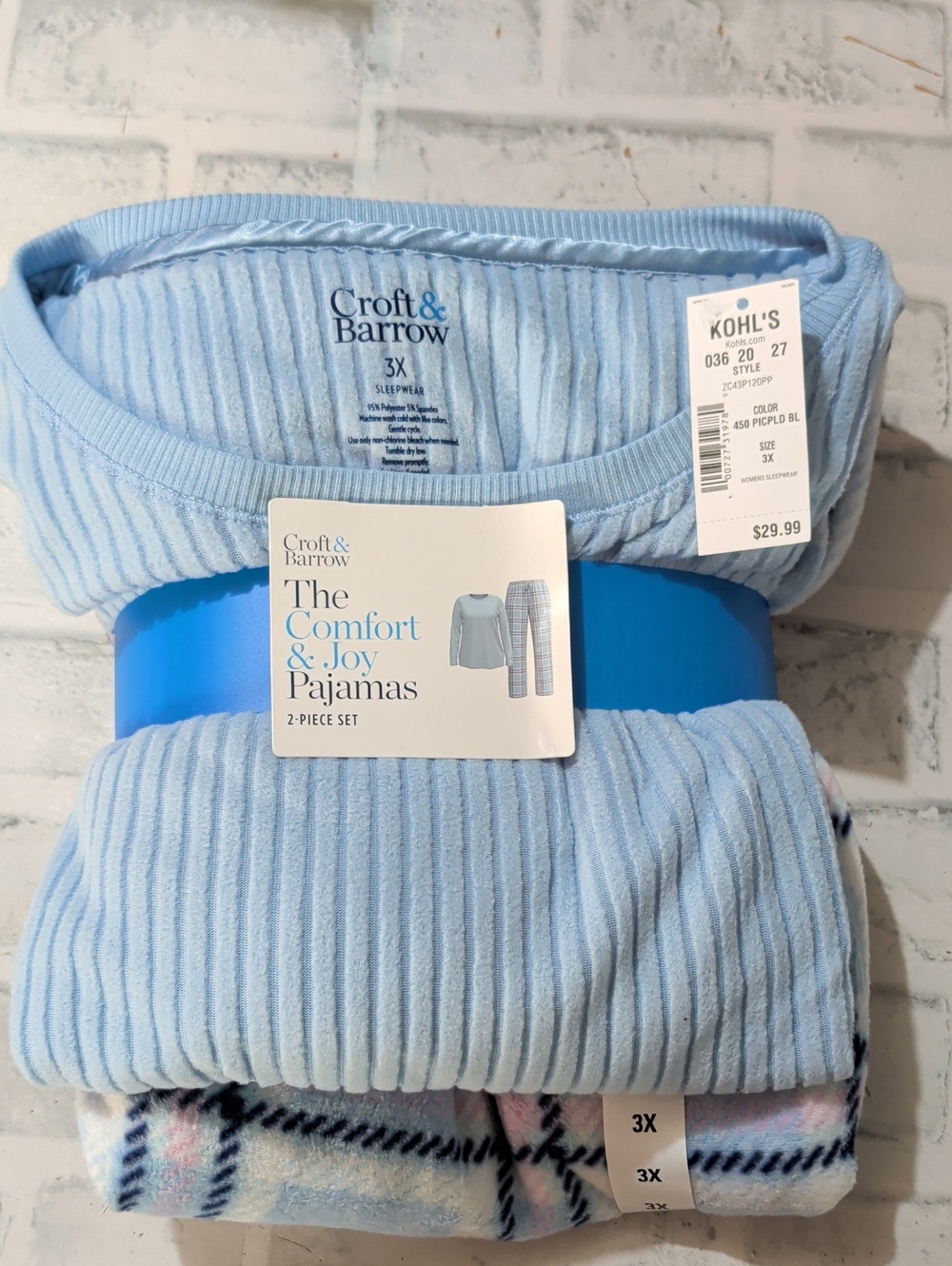 Croft & Barrow Light Blue Ribbed Top & Plaid Pajama Set - 2-Piece
